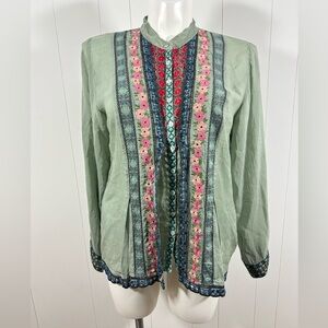 Johnny Was Sz L Green Pink Floral Embroidery Stripe Button Front Blouse Top Boho